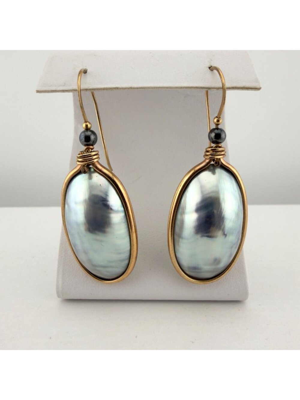 Faux Mabe Pearl Drop Earrings Gold Tone Oval Dangle Artisan 2”